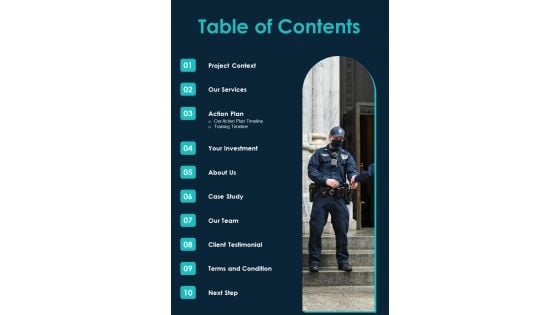 Table Of Contents Security Services Proposal One Pager Sample Example Document