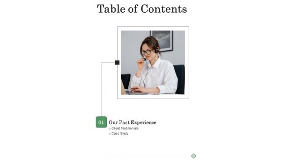 Table Of Contents Service Center Proposal One Pager Sample Example Document Table Of Contents Service Center Proposal One Pager Sample Example Document