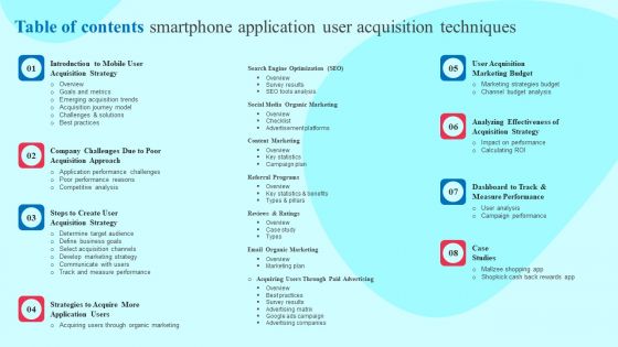 Table Of Contents Smartphone Application User Acquisition Techniques Template PDF