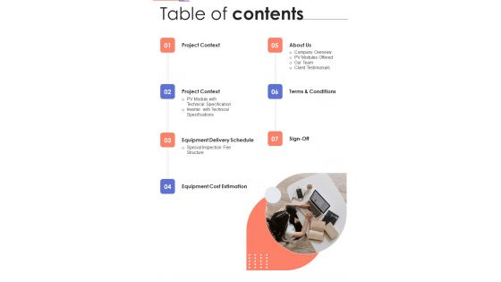Table Of Contents Solar System Installation Services One Pager Sample Example Document Table Of Contents Solar System Installation Services One Pager Sample Example Document