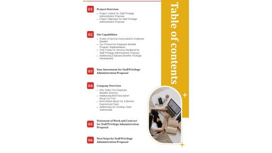 Table Of Contents Staff Privilege Administration Proposal One Pager Sample Example Document Table Of Contents Staff Privilege Administration Proposal One Pager Sample Example Document
