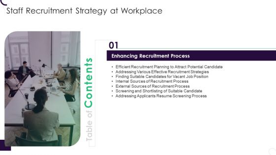 Table Of Contents Staff Recruitment Strategy At Workplace Process Portrait PDF