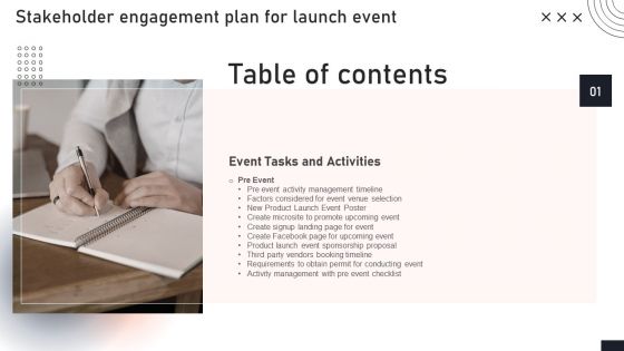 Table Of Contents Stakeholder Engagement Plan For Launch Event Summary PDF