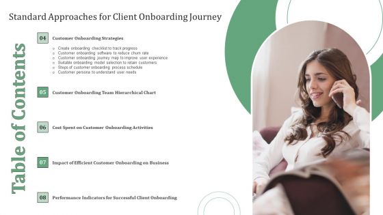 Table Of Contents Standard Approaches For Client Onboarding Journey Icons PDF