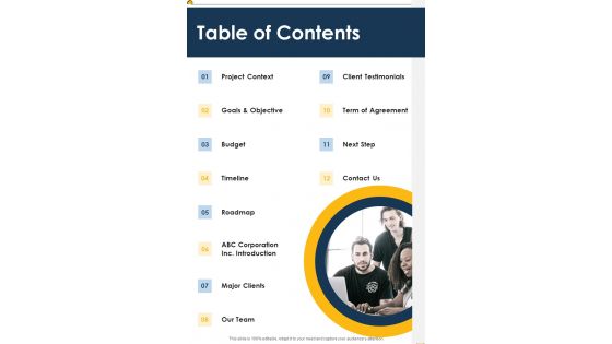 Table Of Contents Startup Business Financing Proposal Template One Pager Sample Example Document Table Of Contents Startup Business Financing Proposal Template One Pager Sample Example Document