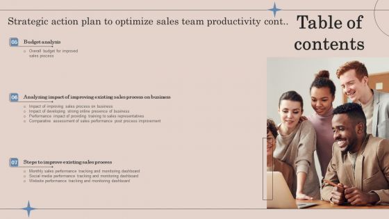 Table Of Contents Strategic Action Plan To Optimize Sales Team Productivity Clipart PDF