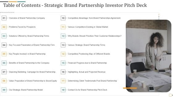 Table Of Contents Strategic Brand Partnership Investor Pitch Deck Summary PDF