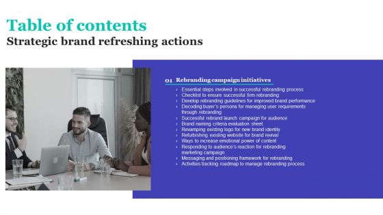 Table Of Contents Strategic Brand Refreshing Actions Marketing Clipart PDF