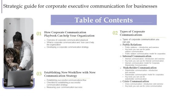 Table Of Contents Strategic Guide For Corporate Executive Communication For Businesses Background PDF Table Of Contents Strategic Guide For Corporate Executive Communication For Businesses Background PDF