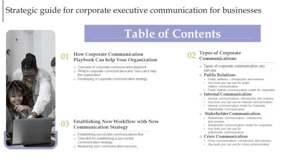 Table Of Contents Strategic Guide For Corporate Executive Communication For Businesses Background PDF