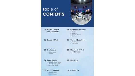 Table Of Contents Strategic Plan For Effective Product Roll Out Event One Pager Sample Example Document