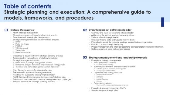 Table Of Contents Strategic Planning Execution A Comprehensive Guide Models Frameworks Procedures Diagrams PDF Table Of Contents Strategic Planning Execution A Comprehensive Guide Models Frameworks Procedures Diagrams PDF