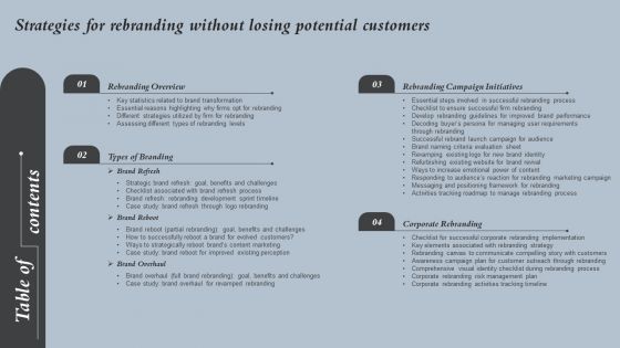 Table Of Contents Strategies For Rebranding Without Losing Potential Customers Icons PDF