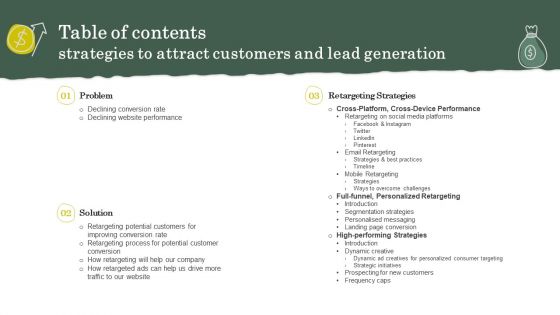 Table Of Contents Strategies To Attract Customers And Lead Generation Brochure PDF Table Of Contents Strategies To Attract Customers And Lead Generation Brochure PDF