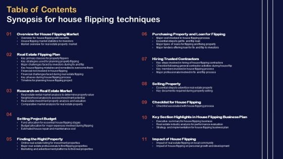 Table Of Contents Synopsis For House Flipping Techniques Diagrams PDF