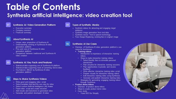 Table Of Contents Synthesia Artificial Intelligence Video Creation Tool Brochure PDF Table Of Contents Synthesia Artificial Intelligence Video Creation Tool Brochure PDF