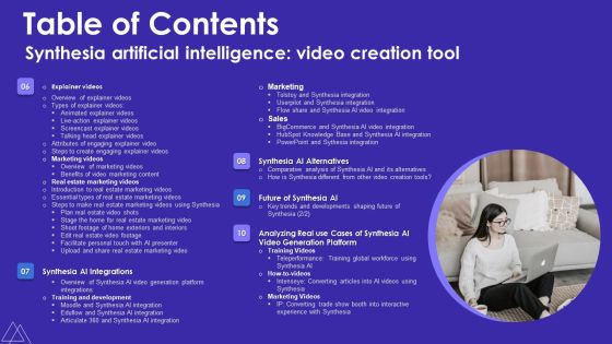 Table Of Contents Synthesia Artificial Intelligence Video Creation Tool Brochure PDF Slide02