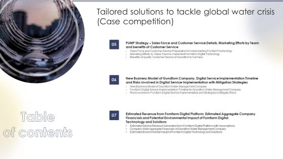 Table Of Contents Tailored Solutions To Tackle Global Water Crisis Case Competition Pictures PDF