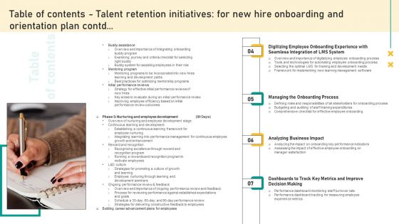 Table Of Contents Talent Retention Initiatives For New Hire Onboarding And Orientation Plan Inspiration PDF