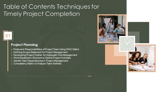 Table Of Contents Techniques For Timely Project Completion Background PDF Table Of Contents Techniques For Timely Project Completion Background PDF