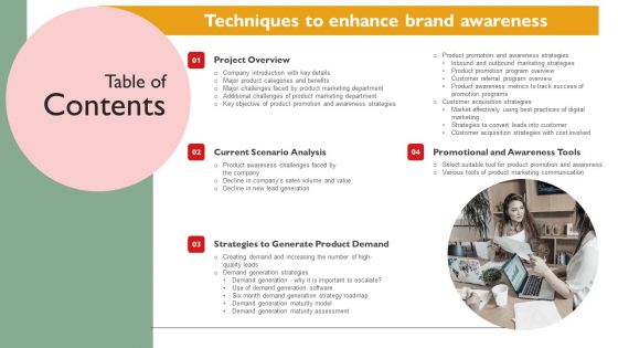 Table Of Contents Techniques To Enhance Brand Awareness Clipart PDF