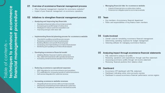 Table Of Contents Techniques To Enhance Ecommerce Financial Management Procedure Pictures PDF