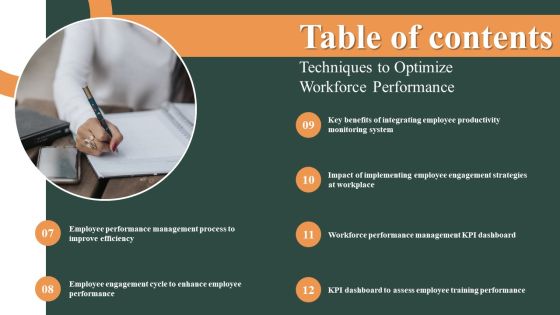 Table Of Contents Techniques To Optimize Workforce Performance Portrait PDF Slide02