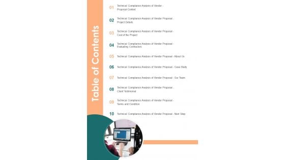 Table Of Contents Technological Compliance Evaluation Of Vendor Proposal One Pager Sample Example Document Table Of Contents Technological Compliance Evaluation Of Vendor Proposal One Pager Sample Example Document
