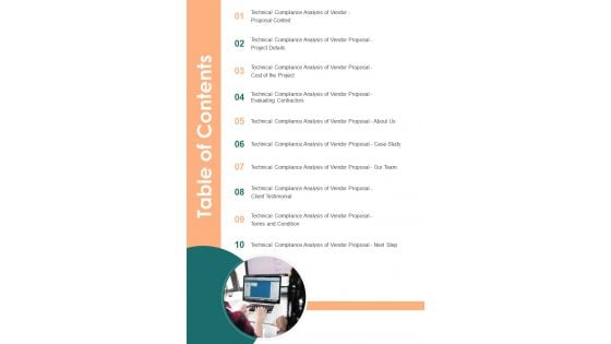 Table Of Contents Technological Compliance Evaluation Of Vendor Proposal One Pager Sample Example Document