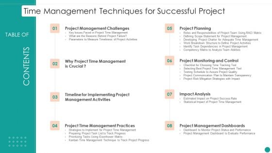 Table Of Contents Time Management Techniques For Successful Project Infographics PDF