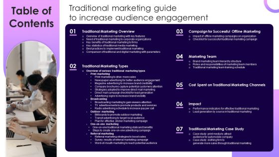 Table Of Contents Traditional Marketing Guide To Increase Audience Engagement Ideas PDF Table Of Contents Traditional Marketing Guide To Increase Audience Engagement Ideas PDF