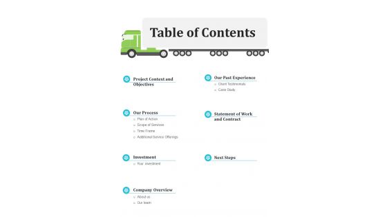 Table Of Contents Transpiration Company Business Proposa One Pager Sample Example Document