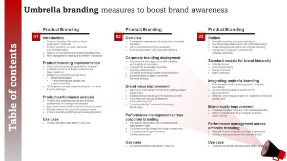 Table Of Contents Umbrella Branding Measures To Boost Brand Awareness Diagrams PDF Table Of Contents Umbrella Branding Measures To Boost Brand Awareness Diagrams PDF