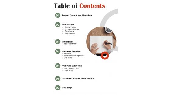 Table Of Contents University Administration System Proposal One Pager Sample Example Document