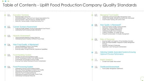 Table Of Contents Uplift Food Production Company Quality Standards Information PDF