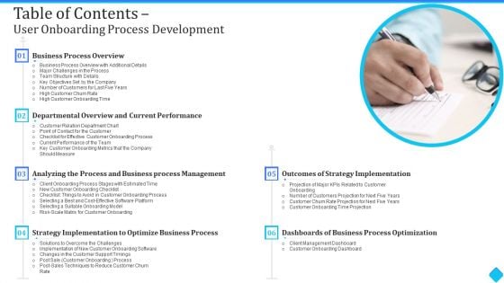 Table Of Contents User Onboarding Process Development Ppt Styles Example PDF