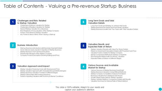 Table Of Contents Valuing A Pre Revenue Startup Business Graphics PDF