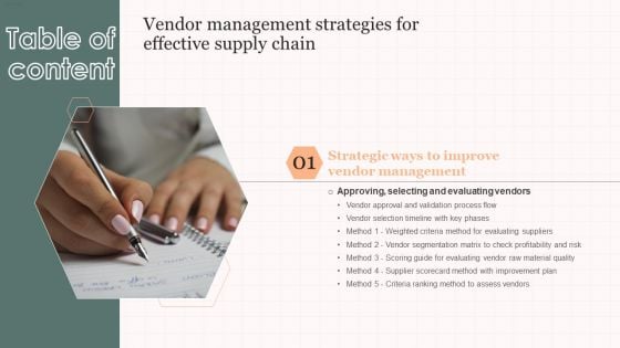 Table Of Contents Vendor Management Strategies For Effective Supply Chain Slide Microsoft PDF