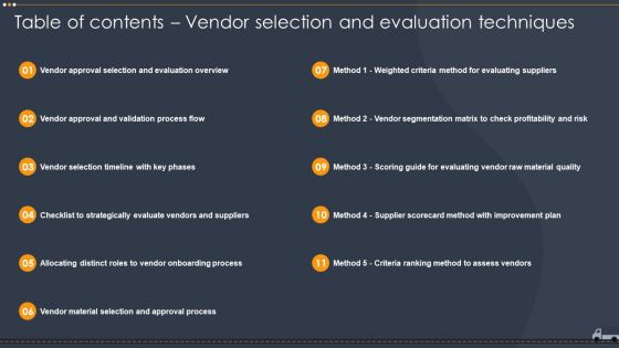 Table Of Contents Vendor Selection And Evaluation Techniques Ppt Portfolio Gallery PDF