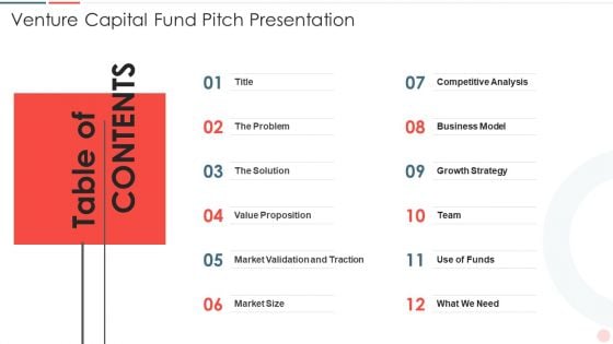 Table Of Contents Venture Capital Fund Pitch Presentation Download PDF