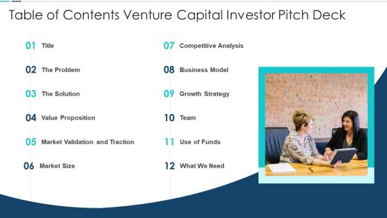 Table Of Contents Venture Capital Investor Pitch Deck Slides PDF