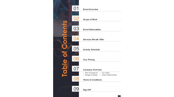 Table Of Contents Video Making Service Proposal One Pager Sample Example Document Table Of Contents Video Making Service Proposal One Pager Sample Example Document
