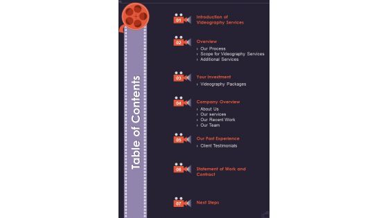 Table Of Contents Video Production Service Proposal One Pager Sample Example Document Table Of Contents Video Production Service Proposal One Pager Sample Example Document