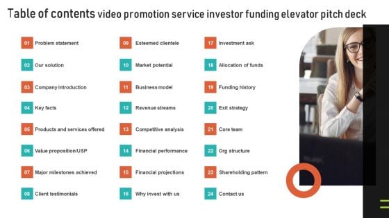 Table Of Contents Video Promotion Service Investor Funding Elevator Pitch Deck Sample PDF