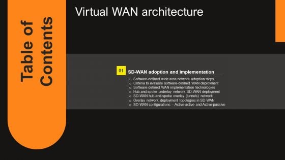 Table Of Contents Virtual Wan Architecture Ppt PowerPoint Presentation File Deck PDF Table Of Contents Virtual Wan Architecture Ppt PowerPoint Presentation File Deck PDF