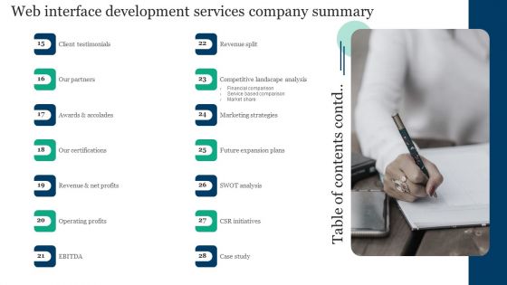 Table Of Contents Web Interface Development Services Company Summary Ideas PDF