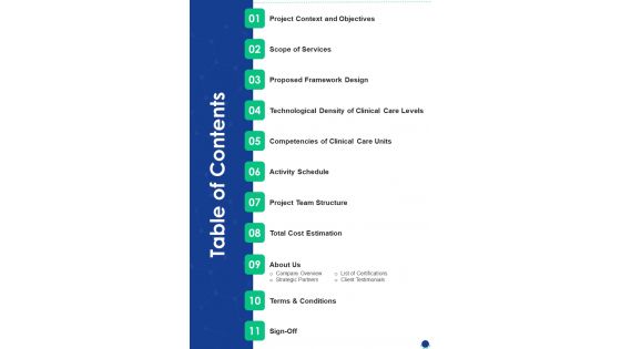 Table Of Contents Wireless Healthcare Devices Proposal One Pager Sample Example Document