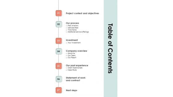 Table Of Contents Workforce Commute Solutions One Pager Sample Example Document