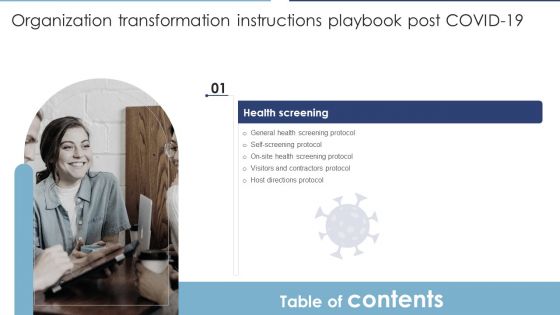 Table Of Conternts Organization Transformation Instructions Playbook Post COVID19 Slide Diagrams PDF