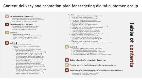 Table Of Contnets Content Delivery And Promotion Plan For Targeting Digital Customer Group Clipart PDF